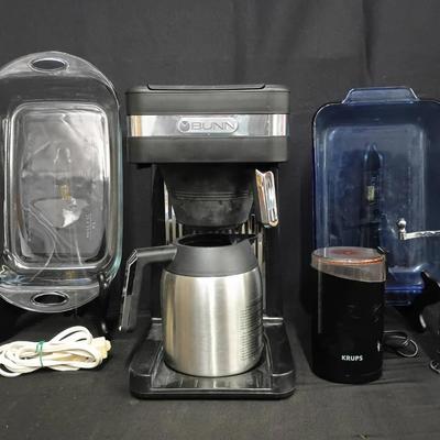 BUNN Thermal Coffee Maker Bundle w/ Krups Grinder, Vintage Mill & Anchor Hocking Bakeware