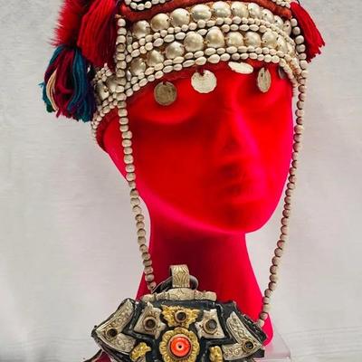 Akha Hill Tribe Headdress and Tibetan Flint Pouch Set