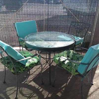 Wrought Iron Outdoor Patio Set with Round Glass-Top Table & Four Chairs
