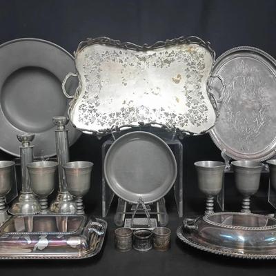 Collection of Vintage Pewter & Silverplate Serving Pieces – Trays, Goblets, Candlesticks, and More