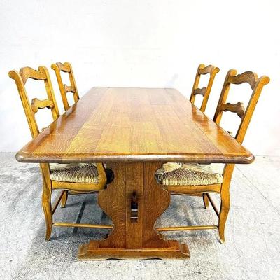 Vintage Italian Trestle Style Dining Table Set with Four Rush Seats 
