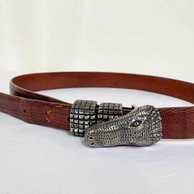 (Size 32) Vintage Belt - Genuine Lizard & Sterling Silver Alligator Head Buckle