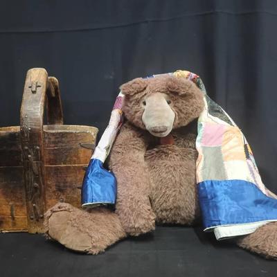  Vintage 1984 “Elegante by Dakin” Big Plush Bear W/Antique Wood Basket & Patchwork Quilt