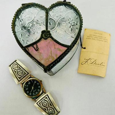 Sterling Troy Laner Navajo Watch Band & J. Devlin Stained Glass Hinged Heart Jewelry/Trinket Box