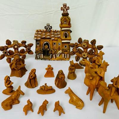 Handmade Mexican Clay Nativity Scene w/Church/Mission, Trees of Life Candlebra, and Figures