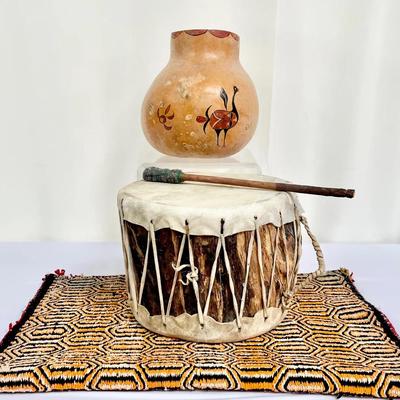 Taos Pueblo Log Drum, Gourd Art Vessel And Kuba Textile Rug