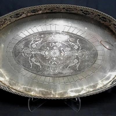 John Richard Collection Silvered Metal Serving Tray – Ornate Etched & Embossed Design