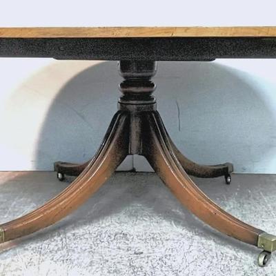 Antique Oval Pedestal Dining Table on Saber Legs with Brass Casters