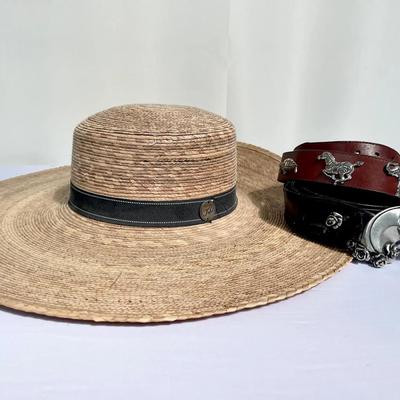 Fahrenheit Leather Belt W/ Metal Horse Head, HONEST Leather Belt W/ Brass Animals And Tula Straw Hat