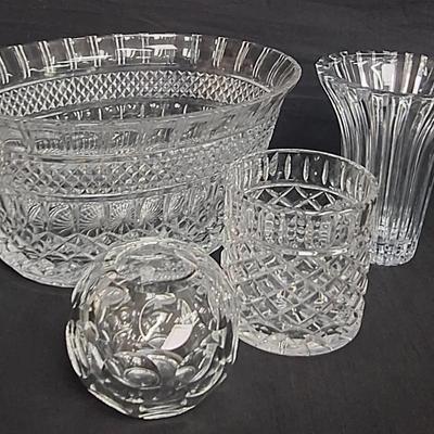 Shannon Designs Of Ireland Crystal Bowl, Two Crystal Vases, And Crystal Ice Bucket 