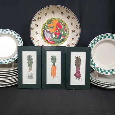 Barstan Green Check Dinnerware Set with Framed Vegetable Prints & Decorative Bowl

