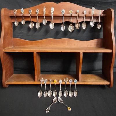 Twenty Two Souvenir Spoons with Wood Display Shelf