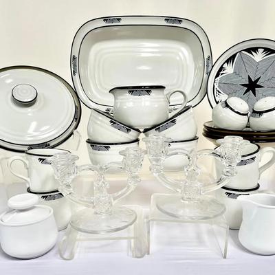 Noritake Stoneware Set, China And Indiana Glass Etched Candle Holders
