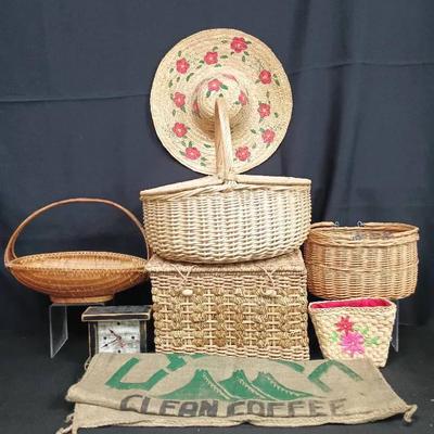 Rustic Basket & Decor Collection with Woven Pieces, Burlap Sack, and Clock