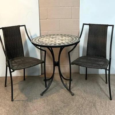 Round Mosaic Bistro Table W/ Rattan Patio Chairs 