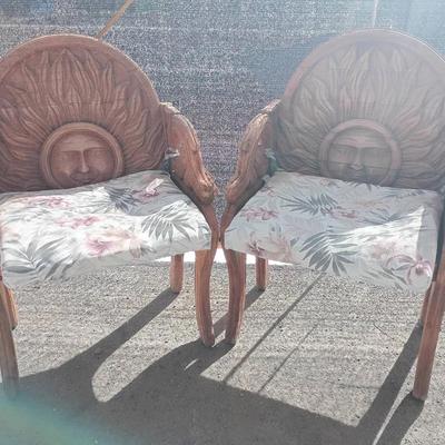 Pair of Hand-Carved Wooden Sun Face Armchairs with Patio Cushions