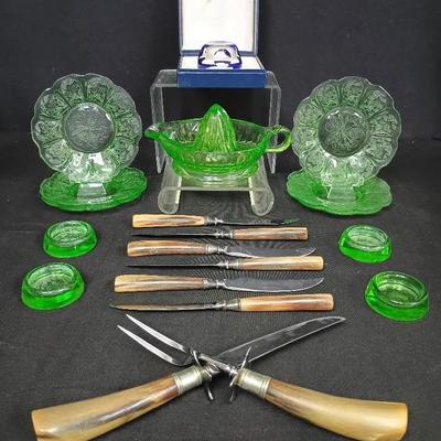 Uranium Glass, Horn-Handled Cutlery, & Schmid Paperweight
