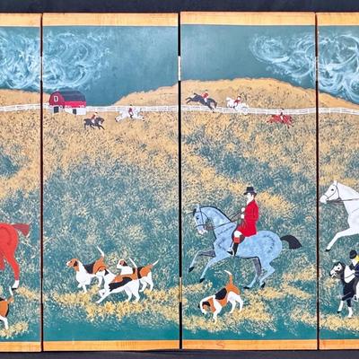 S. “S. Scharprudel 1941” Wooden 4 Panel Foldable Fox Hunting Painting! 