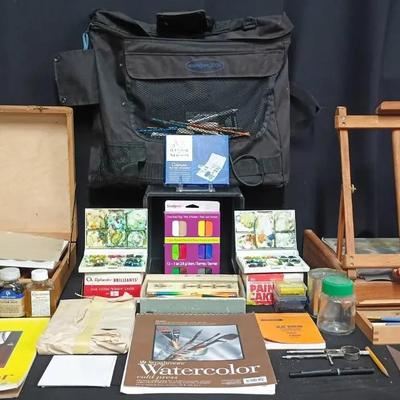 Extensive Artist’s Supply Lot with Easel, Paints, Mediums, and Accessories