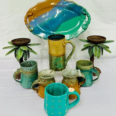 Artisan Pottery & Decor – Signed Handcrafted Mugs, Tray & Cast-Iron Candle Holders
