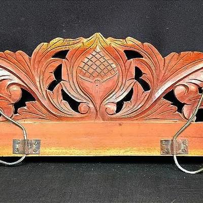 Hand-Carved Wooden Wall Rack with Ornate Floral Design & Four Hooks – Made in Indonesia