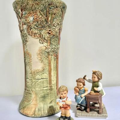 Antique Weller Art Pottery In-Relief Forest Vase And Berta Hummel Figurines 
