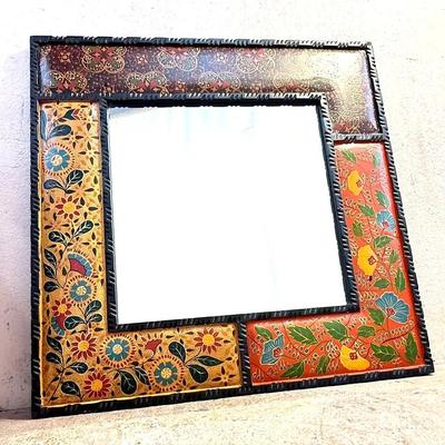 Hand-Painted Folk Art Wooden Mirror with Floral Design