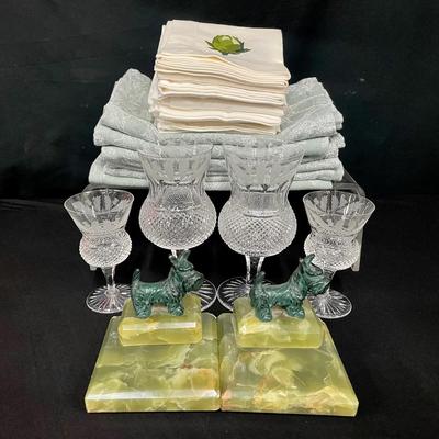 Edinburgh Thistle Crystal Stemware, Thistle-themed Napkins, Scottish Terrier Bookends