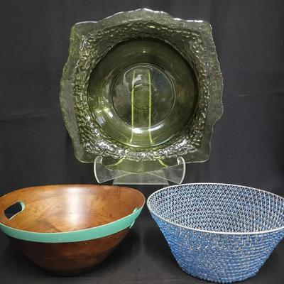 Set of 3 Decorative Bowls – Textured Green Glass, Blue Beaded Wire, and Wood with Teal Trim
