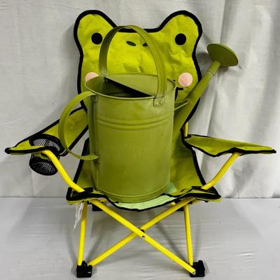 Retro Green Metal Watering Can & Kids Green Frog Camping Chair 