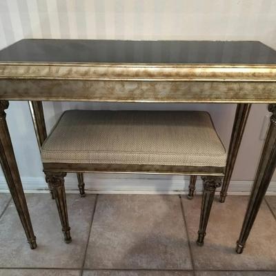 Black Glass Top Vintage Cosol Table With Upholstered Stool