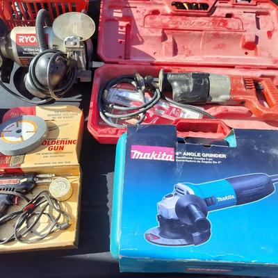 Milwaukee Sawzall, Makita Angle Grinder, Ryobi Bench Grinder, & Sodering Gun