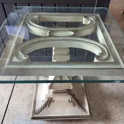 Carved Pedestal Vintage Glass Top Side Table