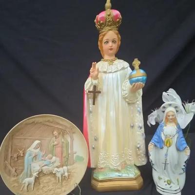 Infant Jesus of Prague Replica, Virgin Mary Statue, & Nativity Plate