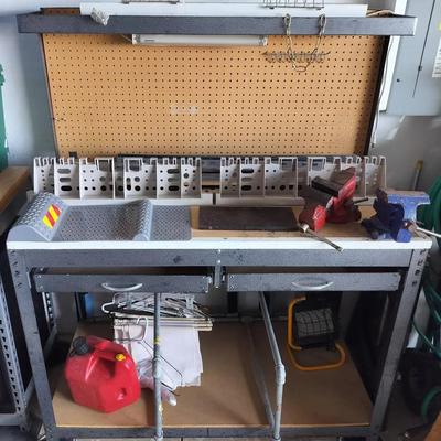 Metallic Workbench With Back Pegboard + 2 Bench Vises And Everything On Bench