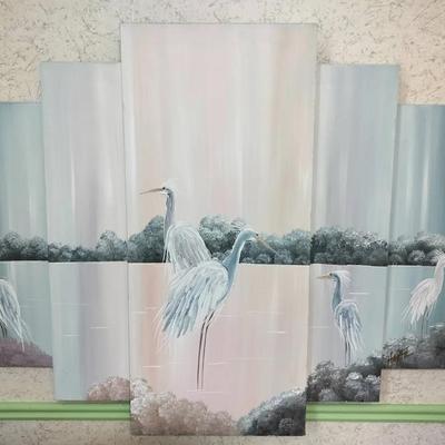 Heron Bird Painted Art Canvas Signed By Harth