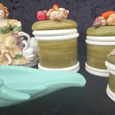 Garden Harvest Hand Painted Jar Set, Italian Girl Feeding Geese Sculpture,& Swan Dish
