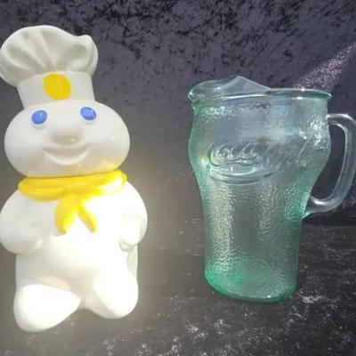 Vtg Rare Pillsbury Cookie Jar (Yellow Scarf) & Vntg Coca-Cola Green Glass Pitcher