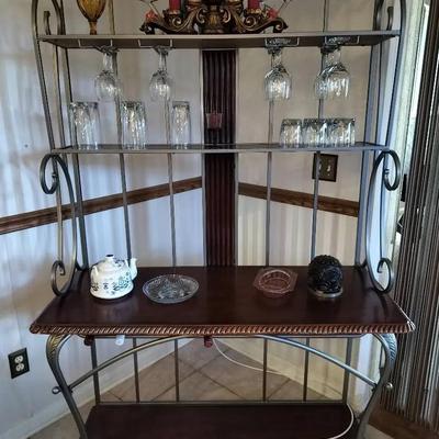 Wooden And Metallic Wine Rack / Bakers Rack + All Glasses And Decor