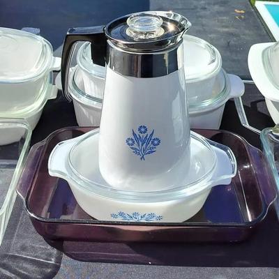 1960's Cornflower Blue Corning Ware, Anchor Hocking, & Pyrex Dishes, Pans, And More