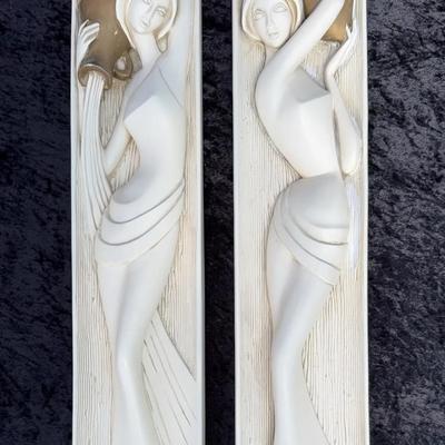 Mid-Century Chalkware Women with Ewer Wall Hanging Sculptures by Royal Krafts, c. 1961. 
