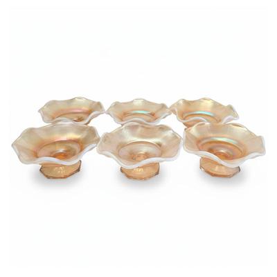 Sale Photo Thumbnail #89: Set of 6 Dugan Peach Opalescent Carnival Glass Compotes
