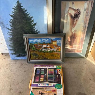 Art Lot Including Large Steve Hanks Print, Two Paintings & Art Supplies