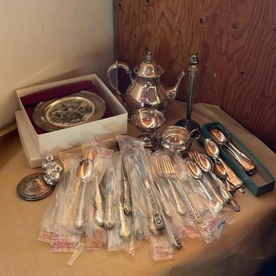 Mixed Lot of Sterling and Stainless Flatware, Sterling Teapot & Sterling Kirk Collection Plate 
