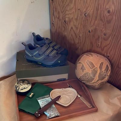 Assortment of Collectibles, Decor Carved Wooden Bowl,Gold Plated Letter Opener, & Keen Footwear 