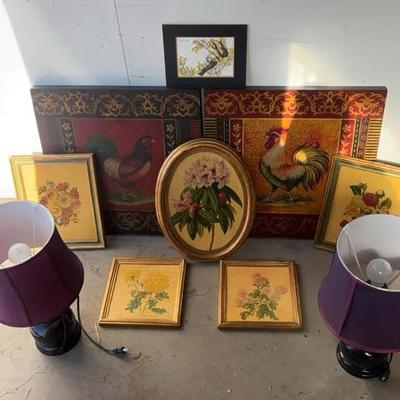 Lot Of 2 Table Lamps & Vintage-Inspired Flower & Chicken Art 