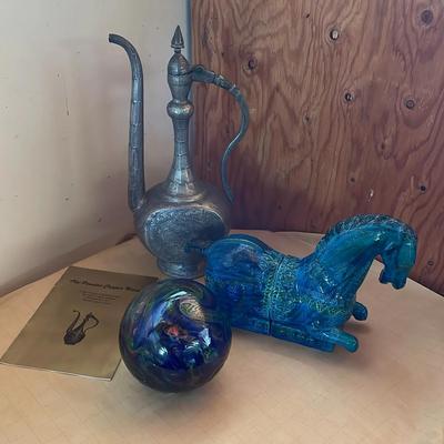 Persion Copperware Ceramic Horse Bookends & Signed Art Glass Orb 