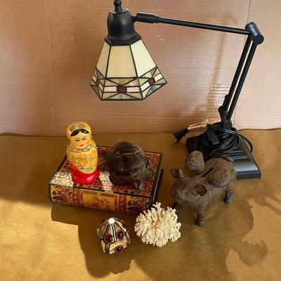 Unique Household Decor, Cast Iron Piggy Bank, Nesting Dolls, Stained Glass Lamp & Wooden Turtle 