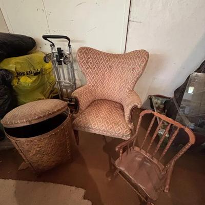 Vintage Wing Back Chair, Rocking Chair & Woven Basket