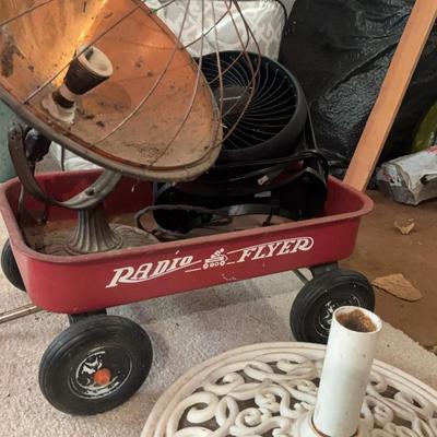 Vintage Radio Flyer Cart, Vintage Heat Lamp, Vintage Umbrella Stand, Honeywell Fan, & Vintage Tool